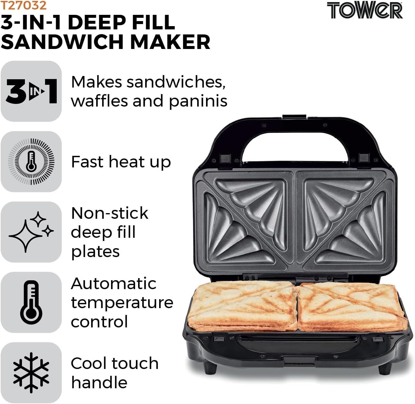 3-in-1 Deep Fill Snack Maker 900W Sandwich Waffle 29.6cm Stainless Steel