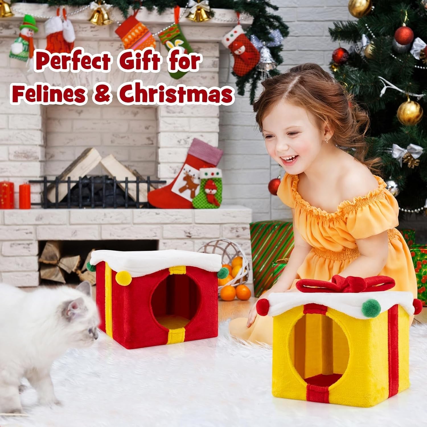 Double Cat House Condo Red Yellow White Stackable Plush Indoor Cat Hideaway