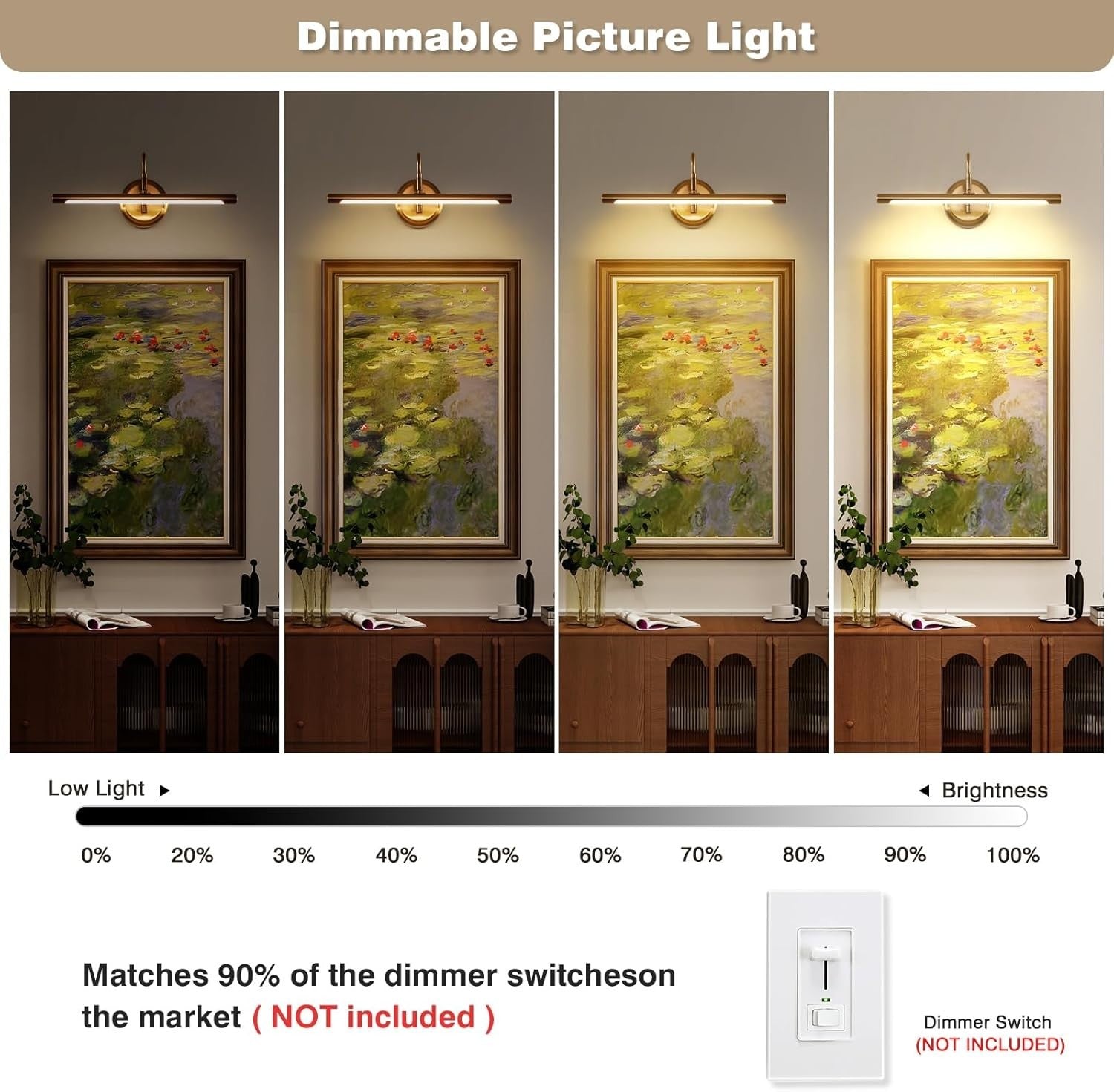 Modern Brass Picture Light 16.5" Dimmable LED Wall Lamp 3000K for Art