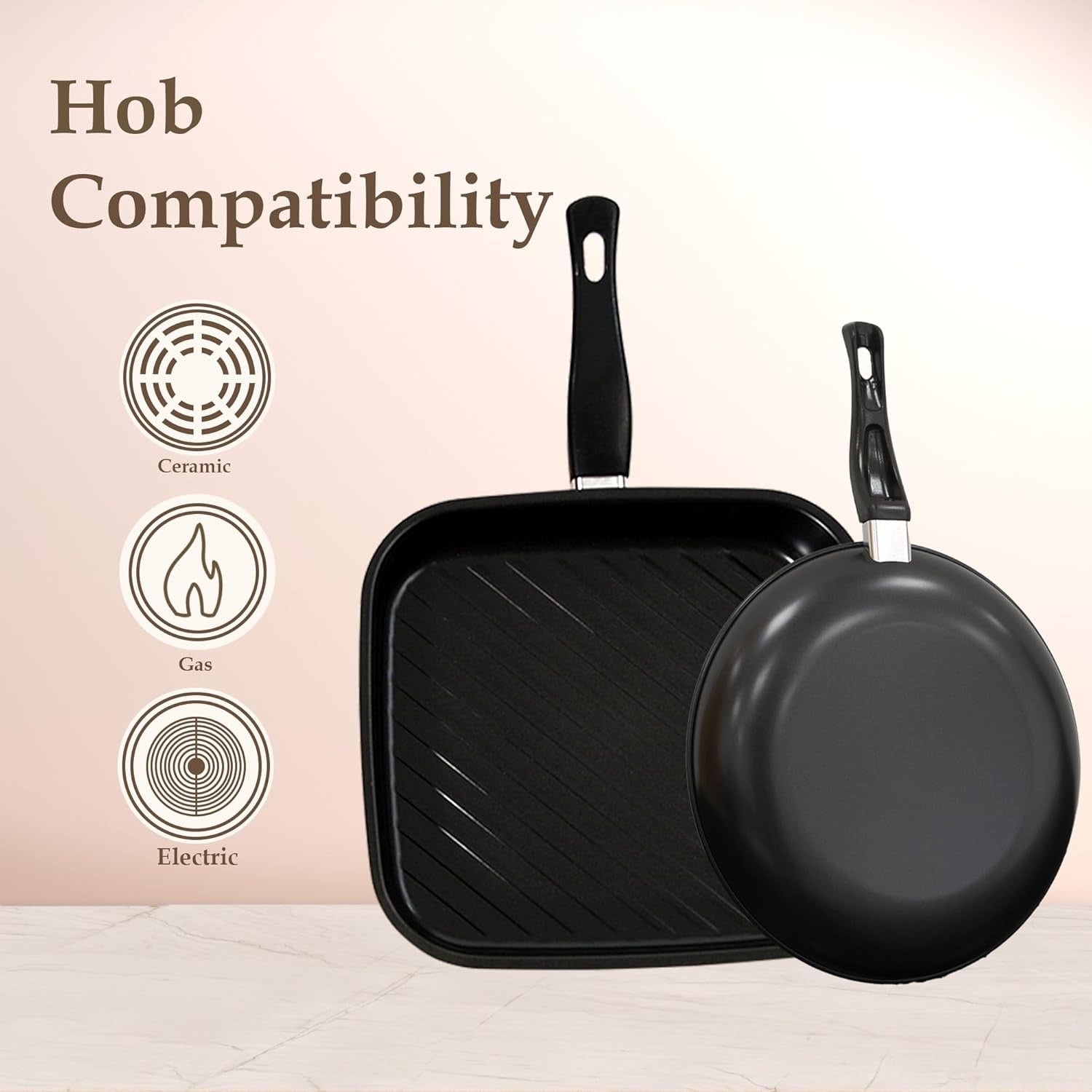 10Pcs Black Non Stick Cookware Pots and Pans Set with Glass Lids & Grill Pan