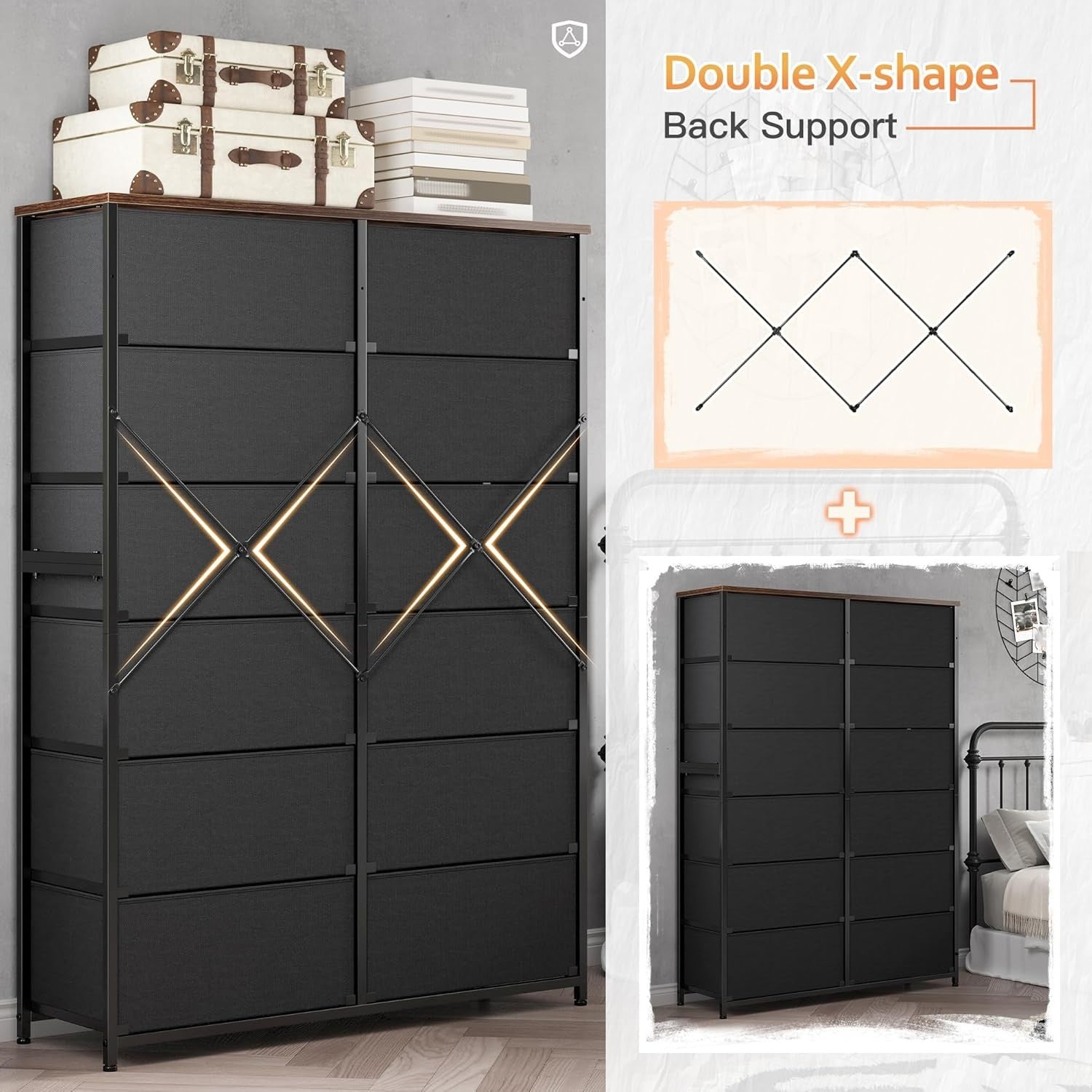 Tall 12 Drawer Chest Rustic Brown Fabric Storage Unit Metal Wood Frame