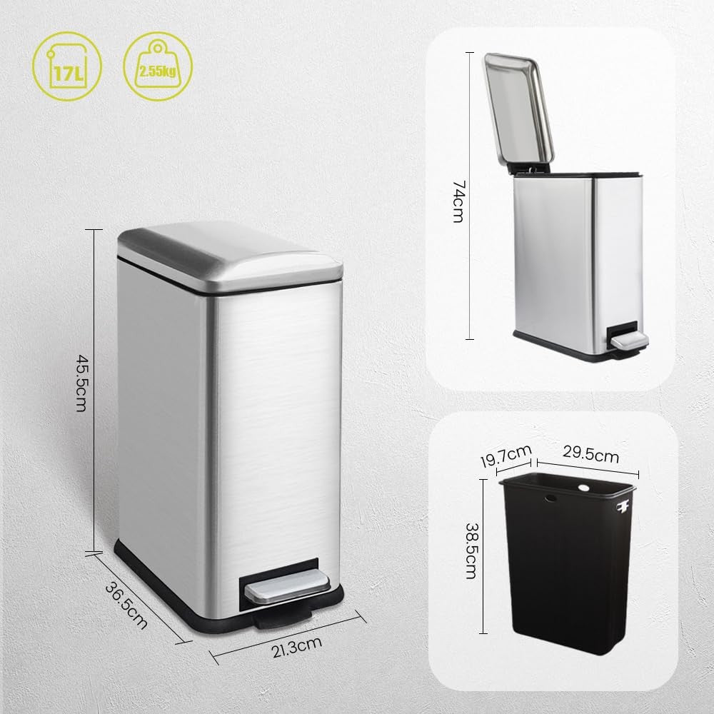 17L Stainless Steel Kitchen Pedal Bin Soft Close Lid Silver
