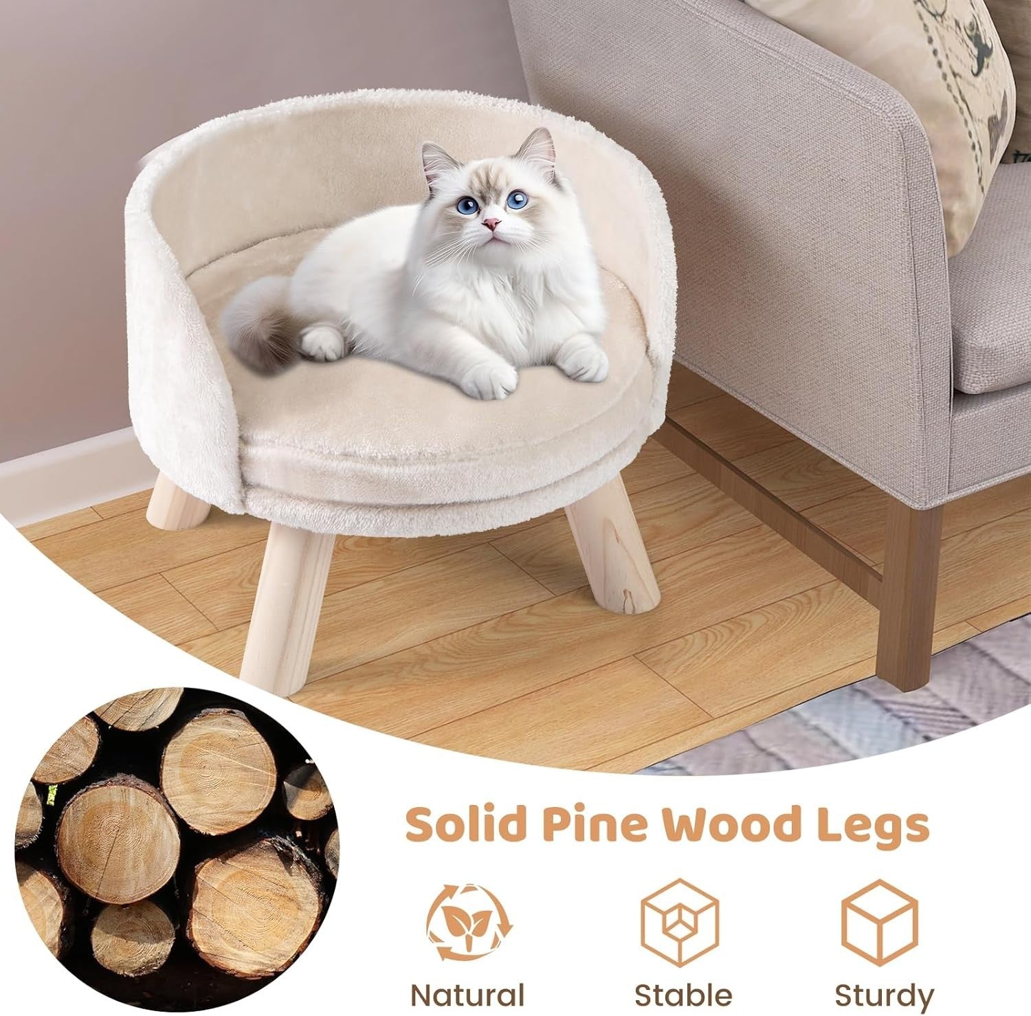 Elevated Dog Cat Sofa Bed Plush Pet Lounge Chair w Wood Legs Beige