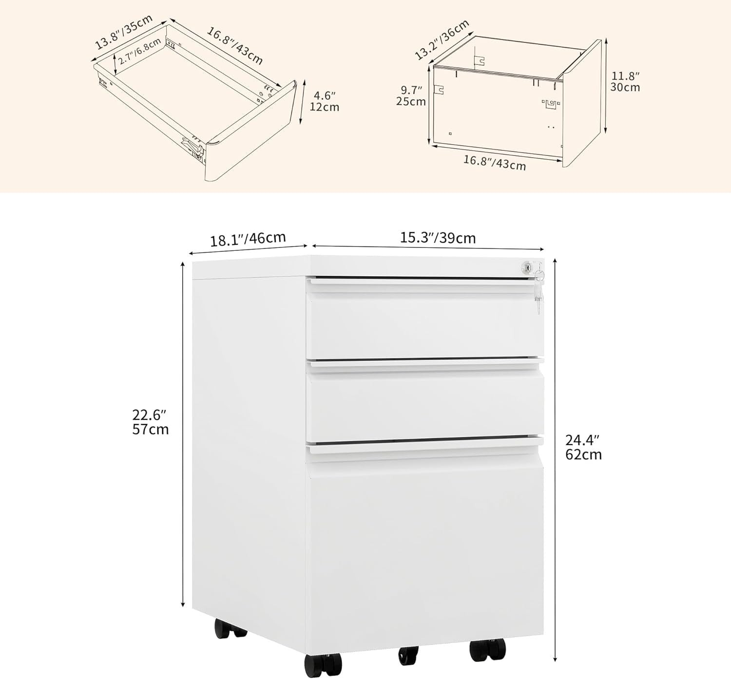White Locking Metal File Cabinet 3 Drawer Rolling Under Desk Storage