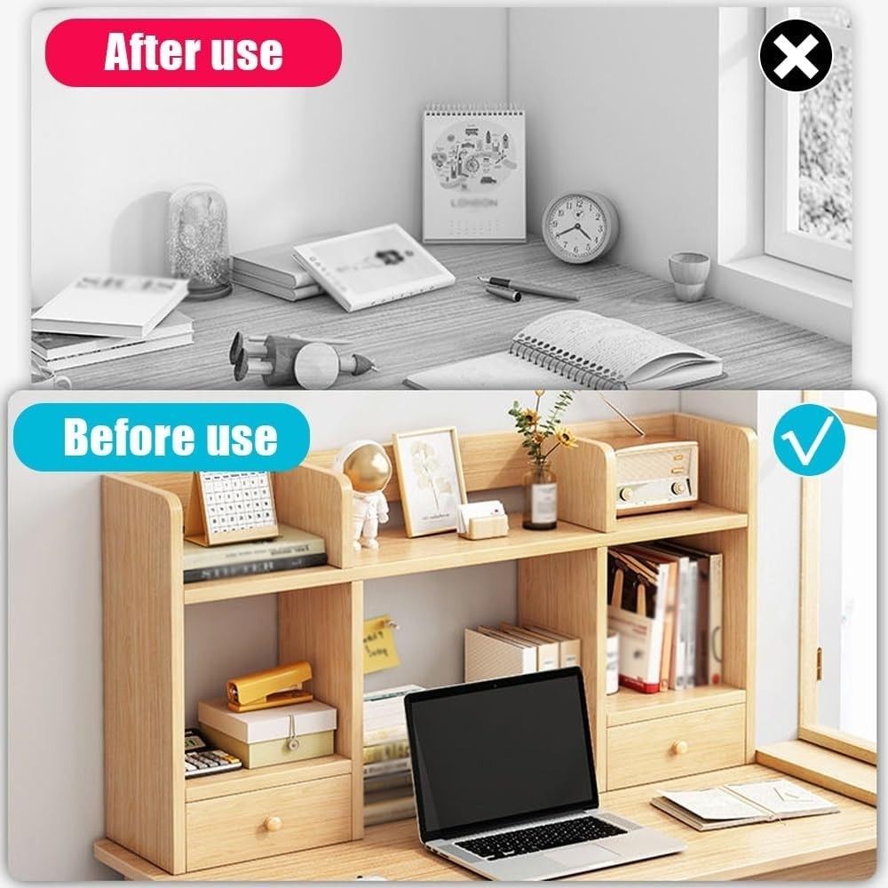 Wood Desk Hutch Bookshelf | 3-Tier Yellow Countertop Organizer Doors 80×16×52cm