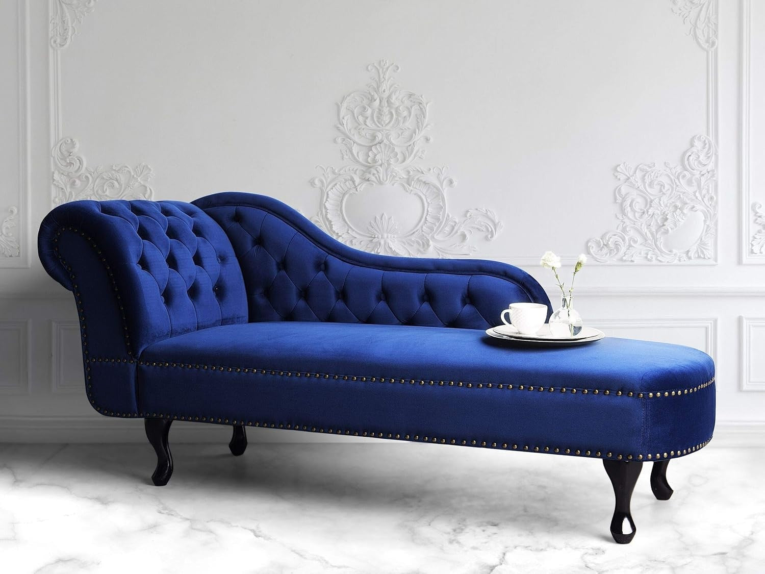 Blue Velvet Left Hand Chesterfield Chaise Lounge Tufted Back Classic Design
