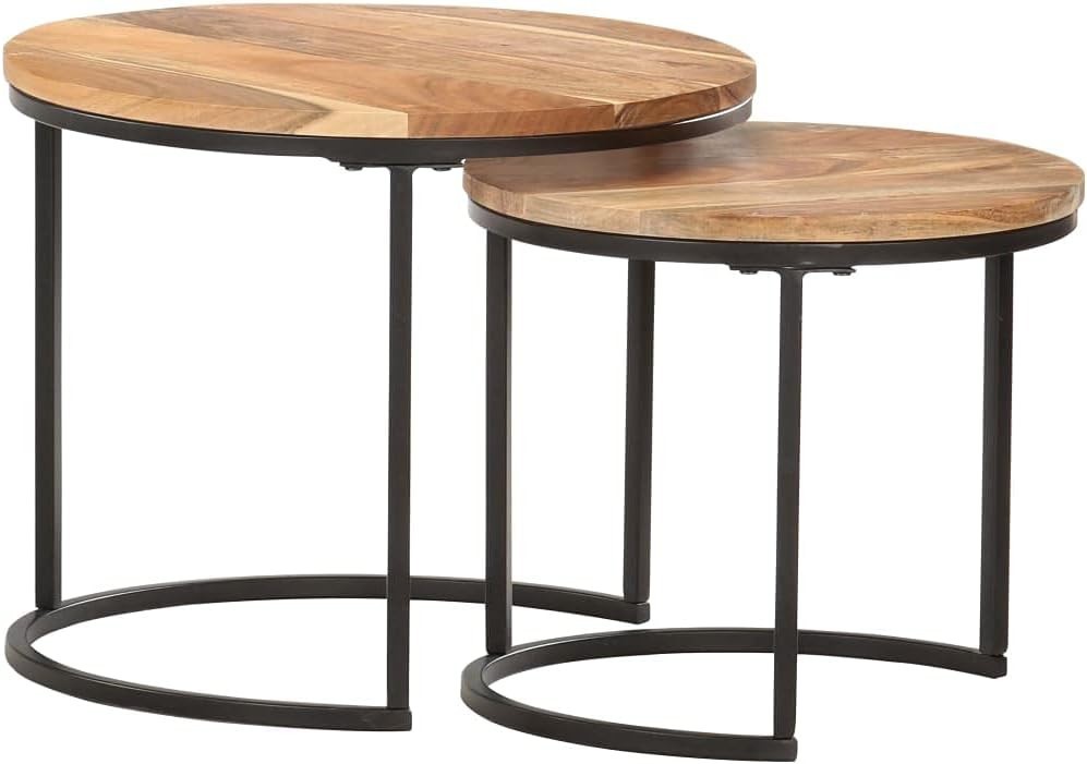 2X Nesting Side Coffee Tables Wood Round Industrial End Set Space Saving Brown