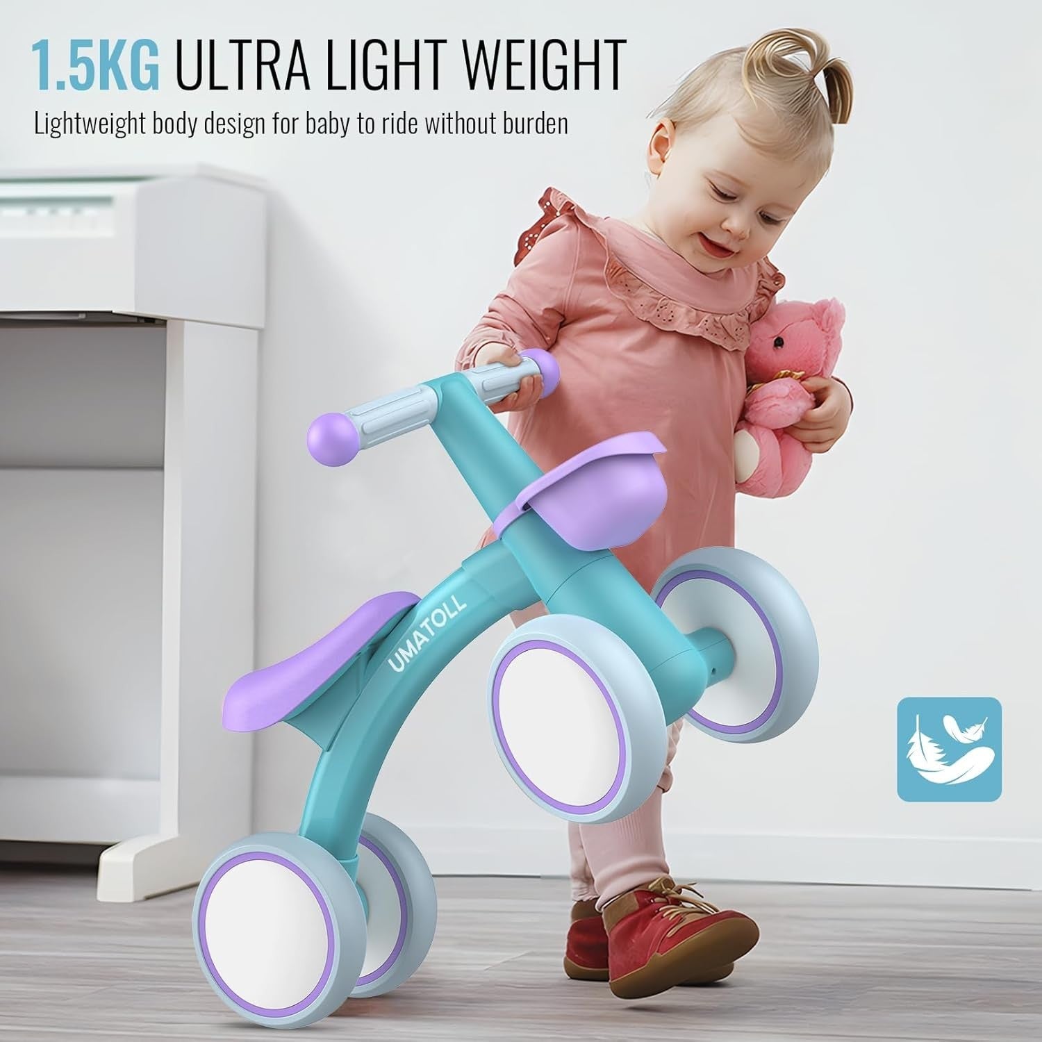 Baby Balance Bike 1 Year Old Toddler Ride On 4 Wheel Basket Purple Blue