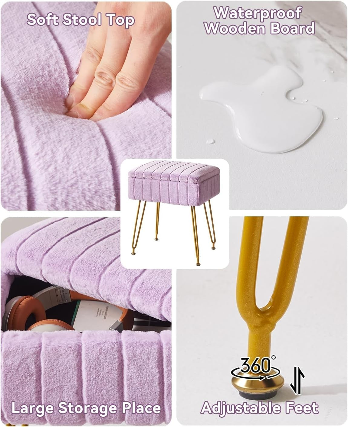 Purple Faux Fur Storage Footstool – Ottoman Stool with Metal Legs