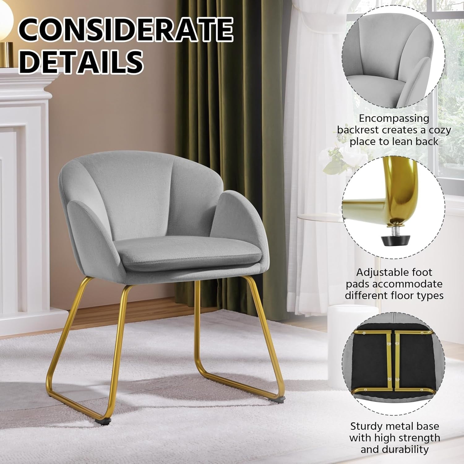 Grey Velvet Tub Vanity Chair Petal Accent Armchair with Gold Metal Legs