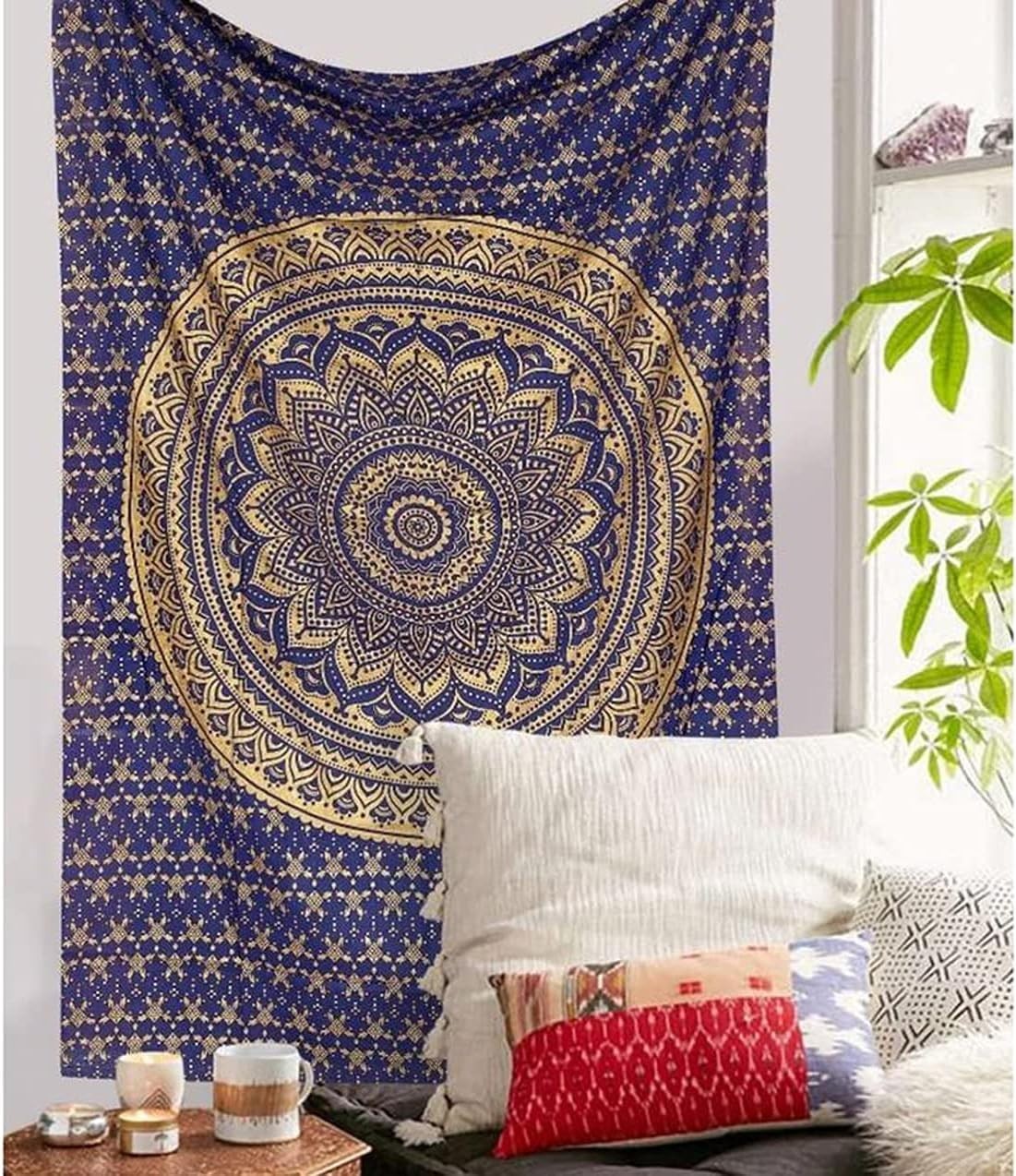 Boho Blue Gold Mandala Tapestry 52x82" Cotton Wall Decor