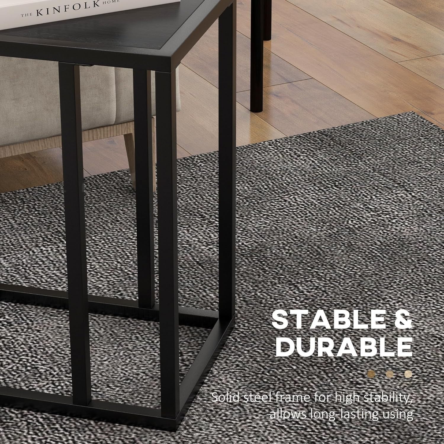 Slim C Shape Sofa Side Table Black Wood | Metal Frame Snack Coffee Stand