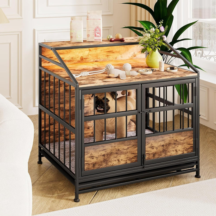 Rustic Dog Crate Furniture with LED Light & Removable Tray – Medium Size