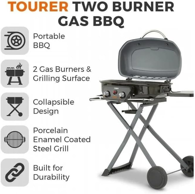 Portable 2 Burner Gas BBQ Grill with Folding Stand & Wheels – High Heat