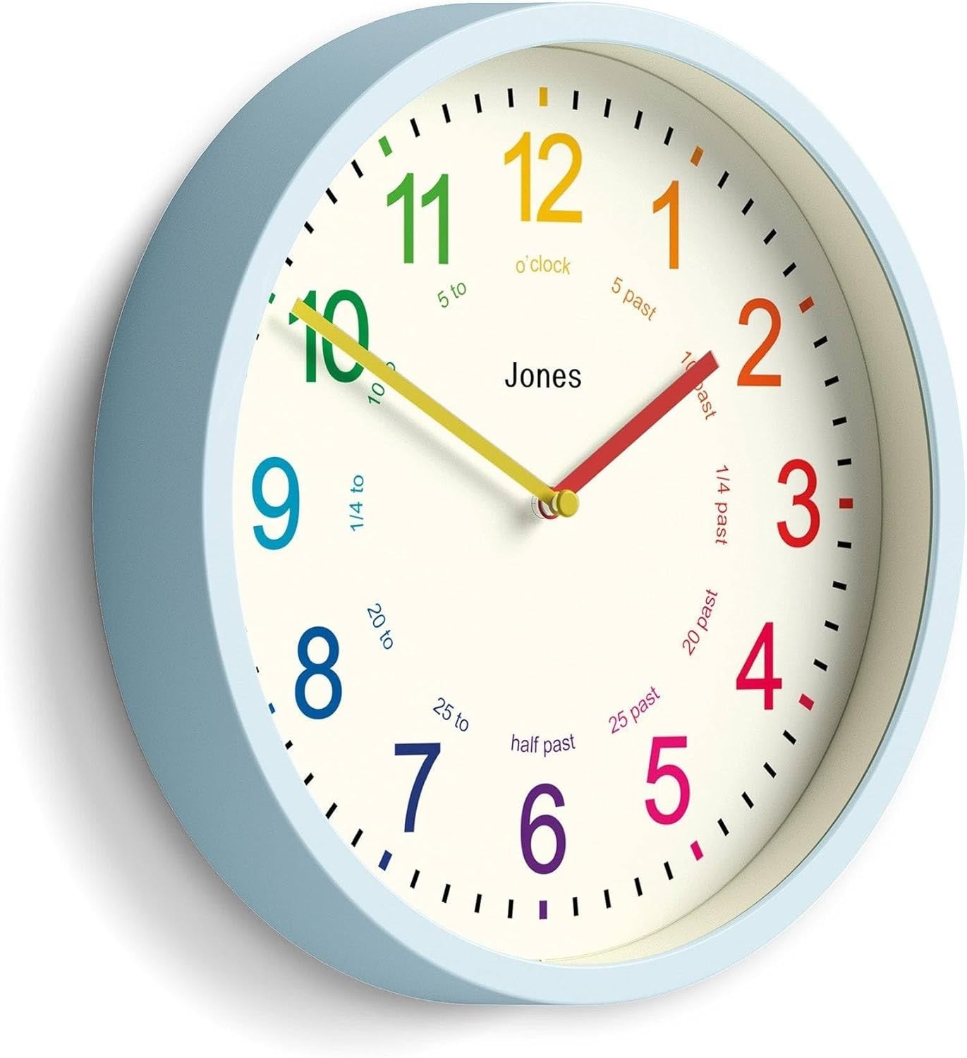 25cm Kids Wall Clock Blue – Silent Non-Ticking Colourful Numbers Learn Time