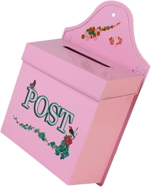 Vintage Wall Mount Mailbox Pink Metal Rustic Outdoor Weatherproof Letter Slot