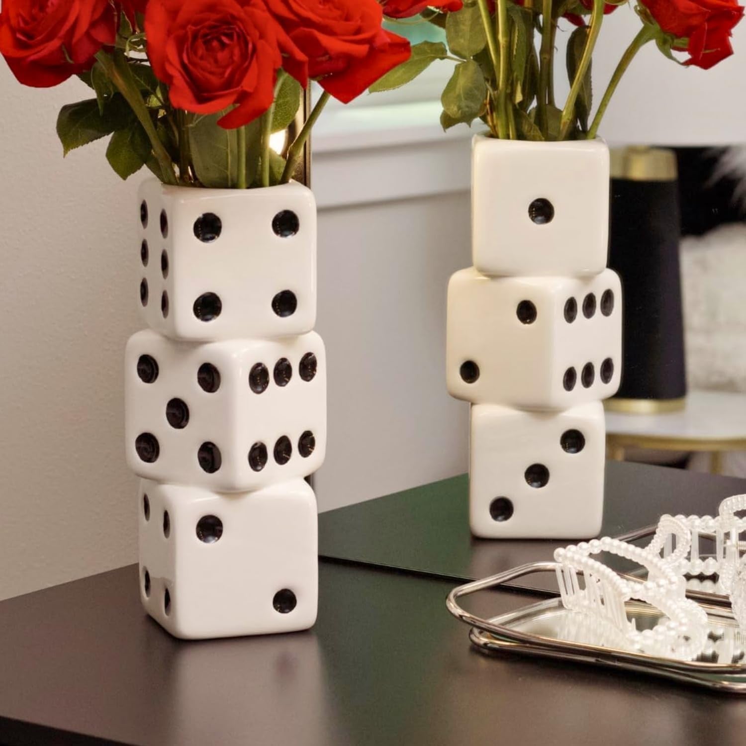 Dice Vase Ceramic Triple Stack White Black Dot Modern Table Flower Decor