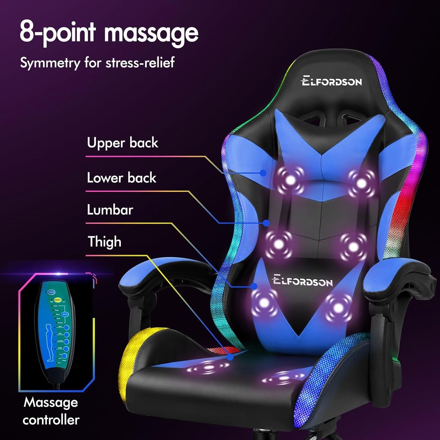 LED Gaming Chair Blue RGB Massage Recliner w/ Footrest 150° Swivel