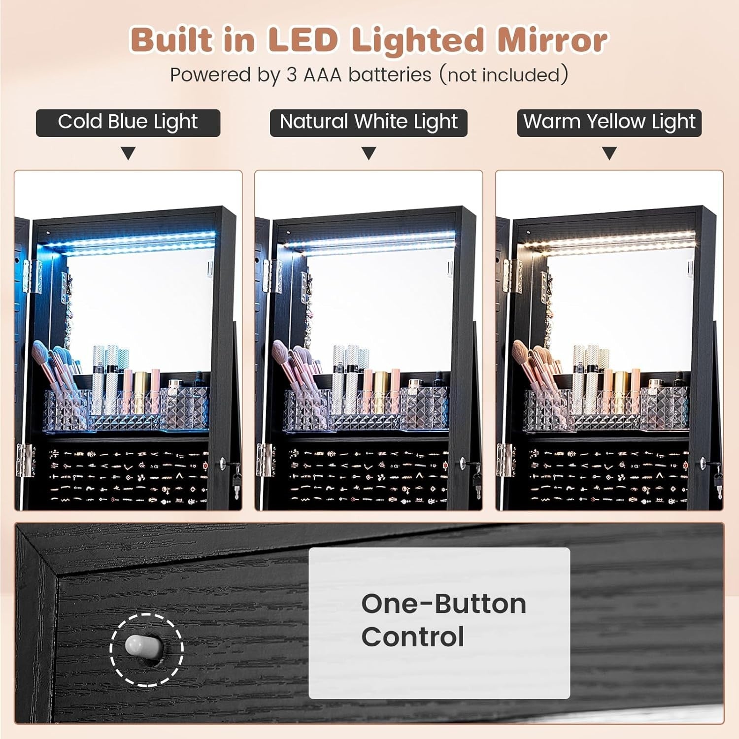 360° Swivel Jewelry Armoire LED Mirror Lockable Storage on Wheels Black