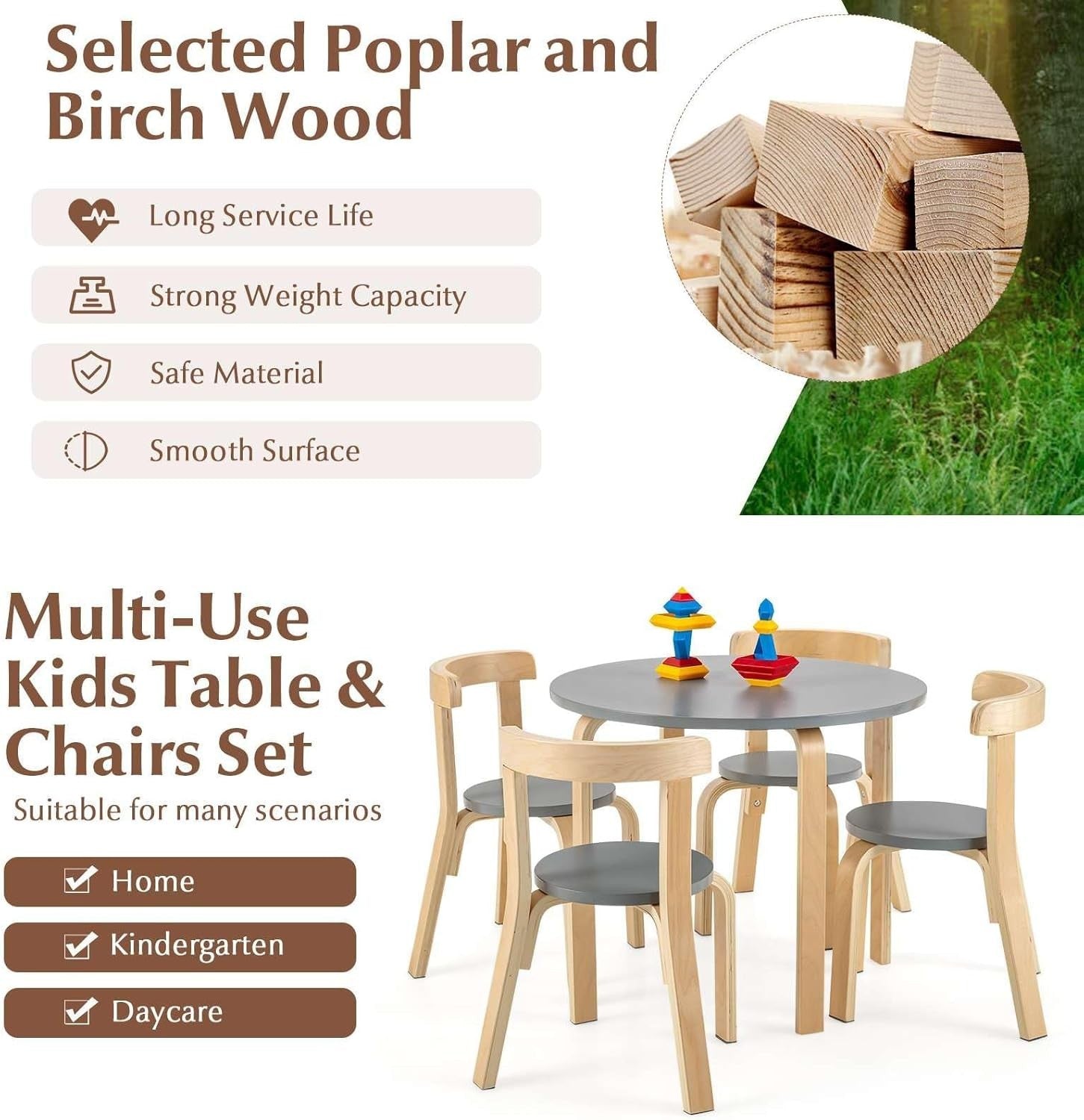 Kids Round Table & 4 Chairs Set Wooden Activity Desk Space-Saving Design
