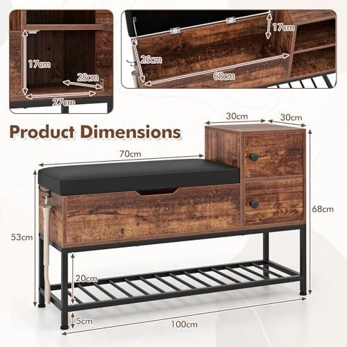 Rustic Brown Black Shoe Storage Bench with Cushion, Flip Chest & Cabinets