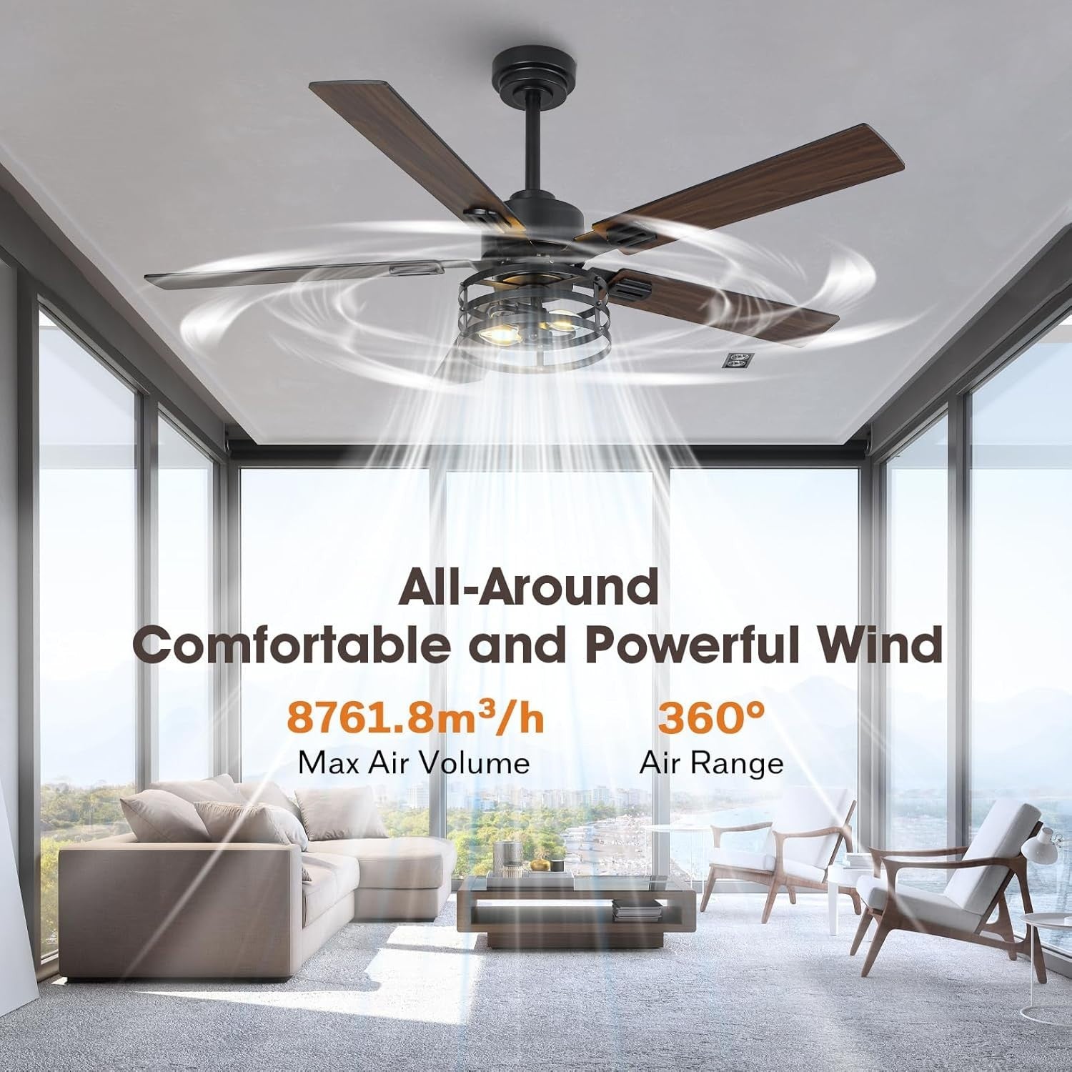 Vaczon 52" Farmhouse Ceiling Fan with Light, Black, 6-Speed, Remote, LED