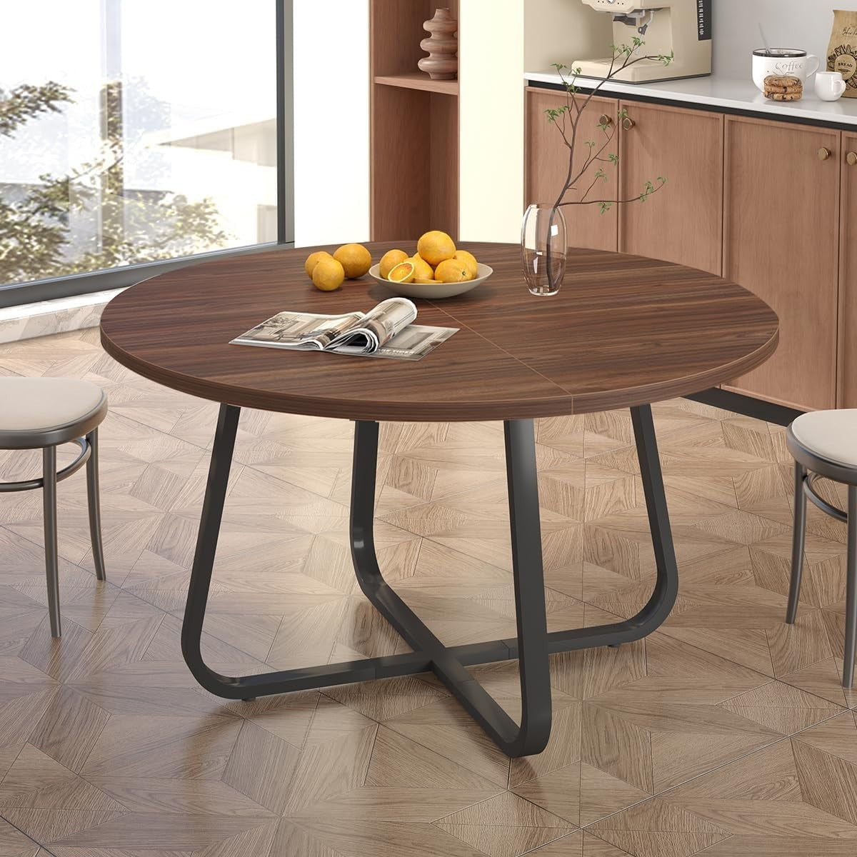 Round Walnut Dining Table 4-6 Seater Wood Metal Kitchen Home 130cm