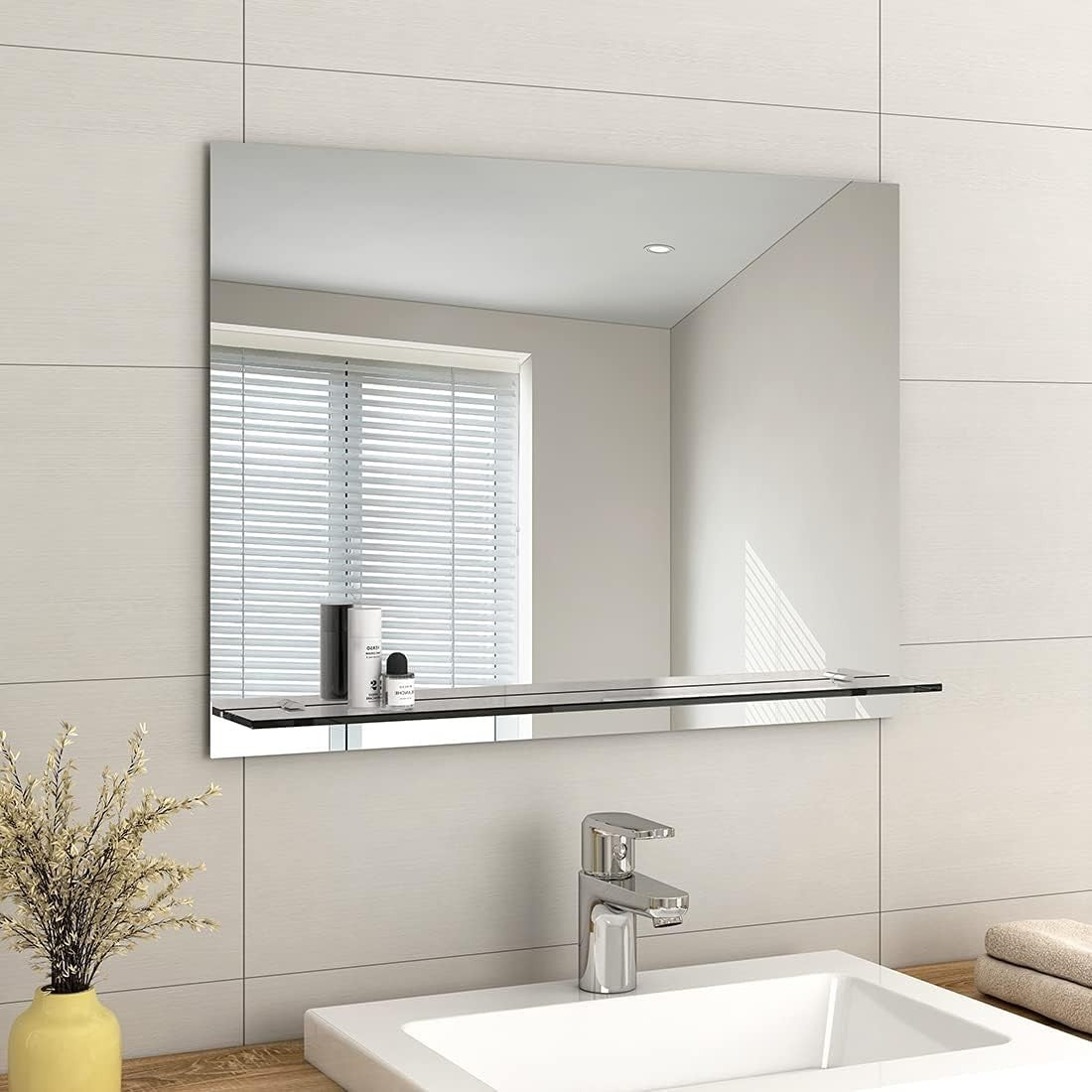 Wall-Mounted Frameless Vanity Mirror with Shelf 60x80cm Bathroom Storage