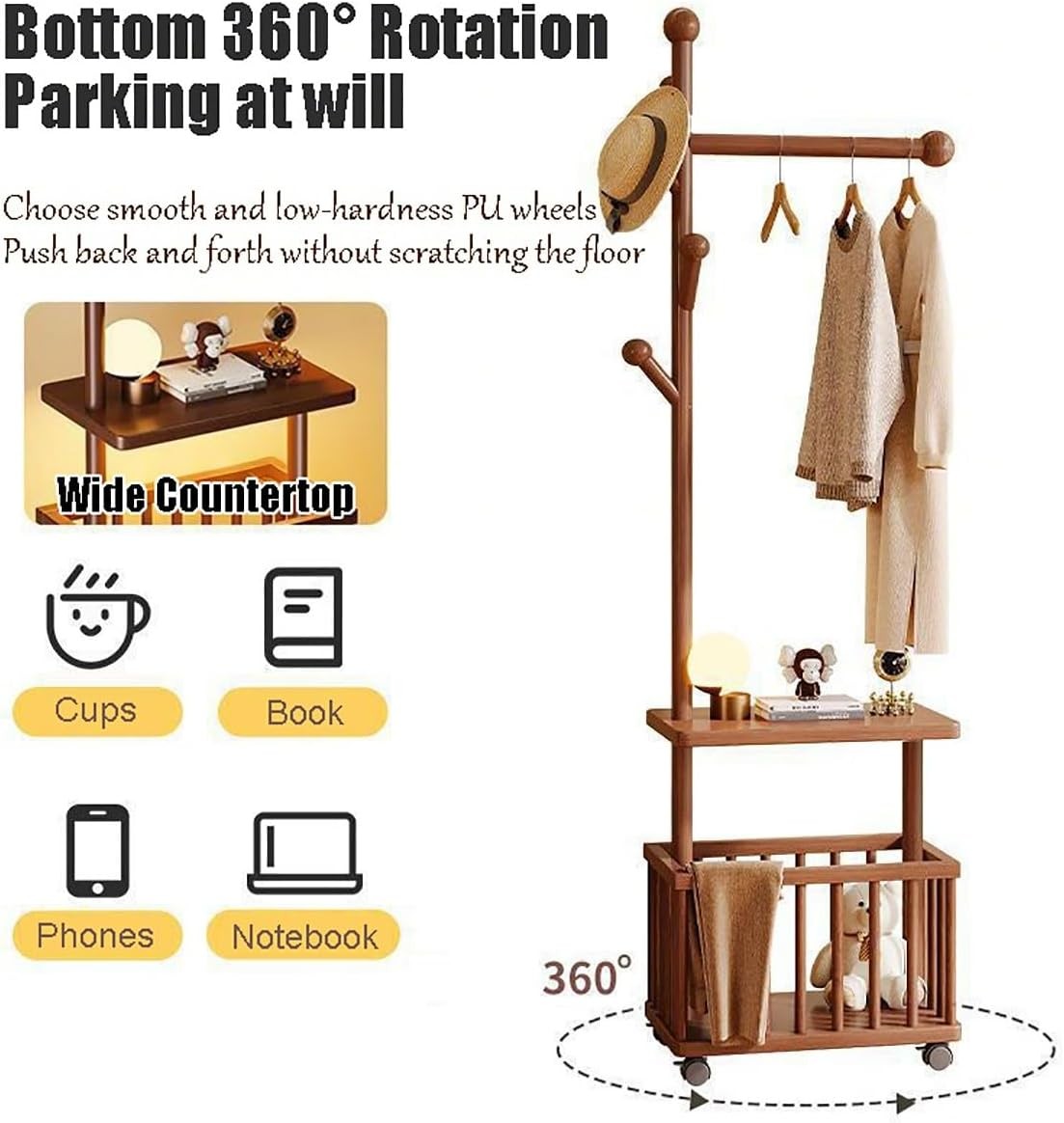 White Solid Wood Coat Rack with Wheels & Storage Basket Freestanding Hall Stand