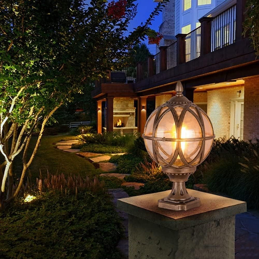Vintage Globe Outdoor Post Light, IP54 Waterproof, E27 Base, Black Lantern