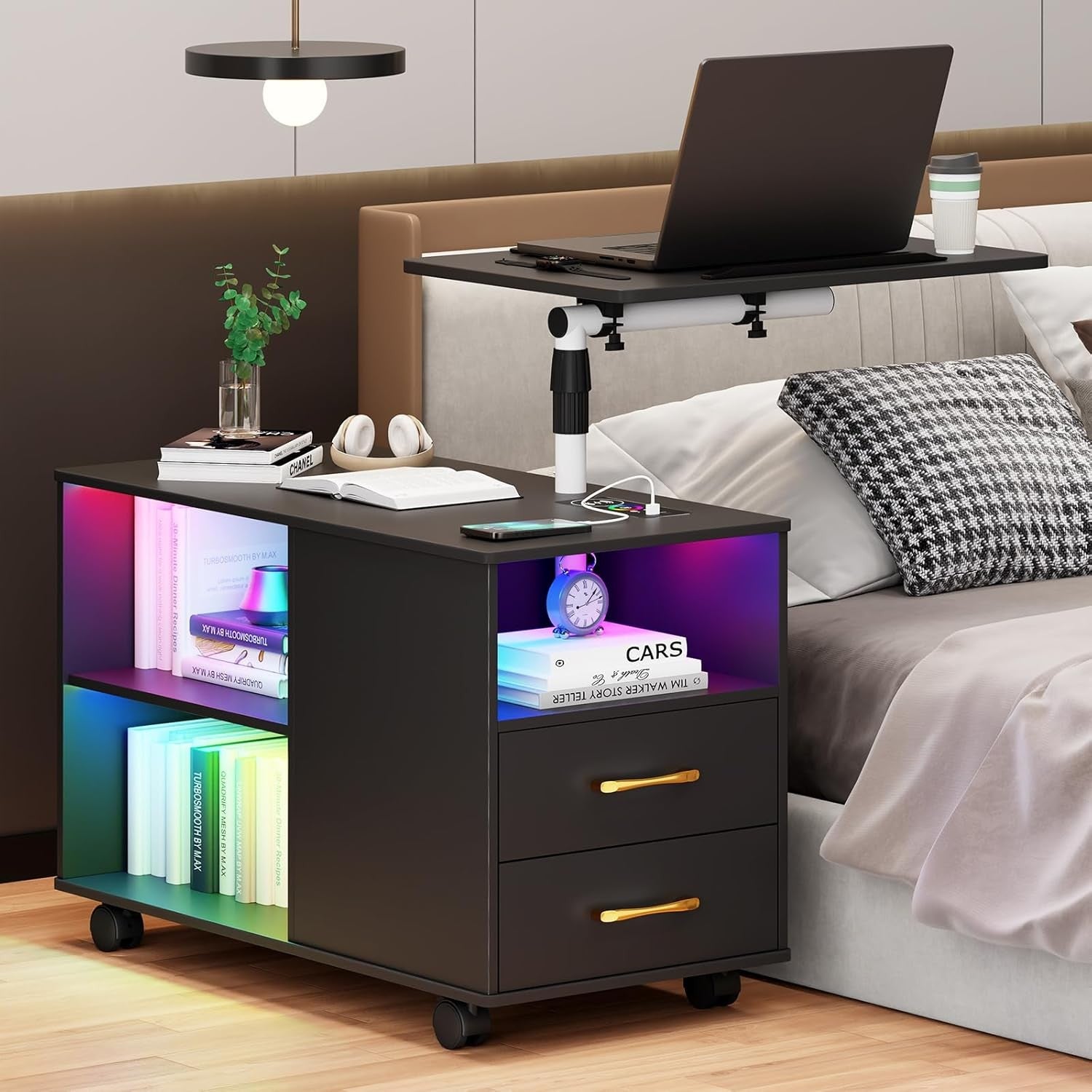 360° LED Smart Bedside Table with Laptop Tray, Wireless Charging & Storage