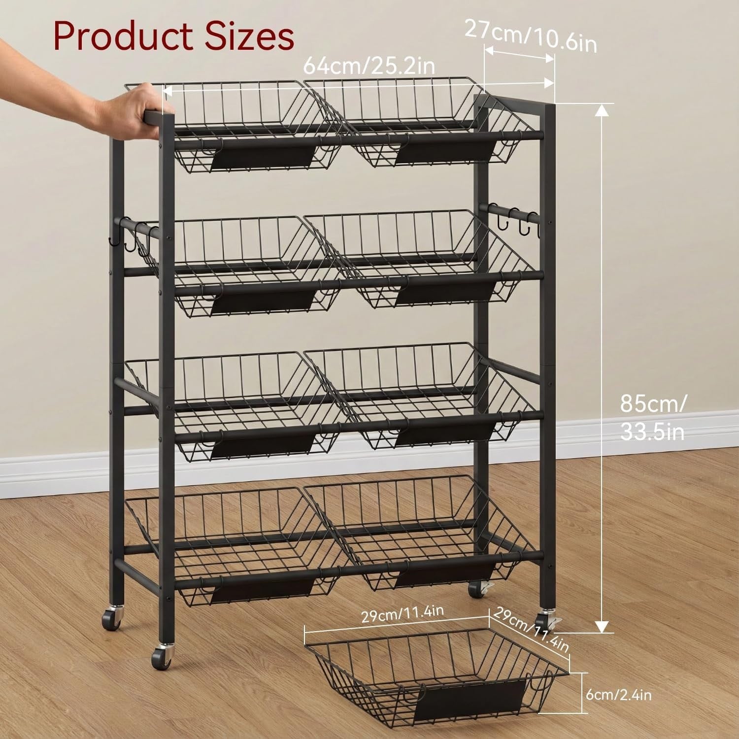 4 Tier Rolling Kitchen Storage Cart 8 Basket Fruit Vegetable Trolley