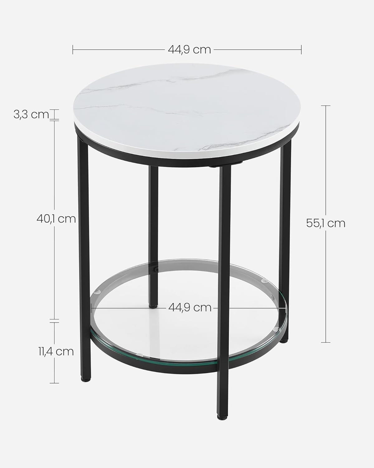 Modern Round Side Table with Glass Shelf, 2-Tier Bedside Coffee Table