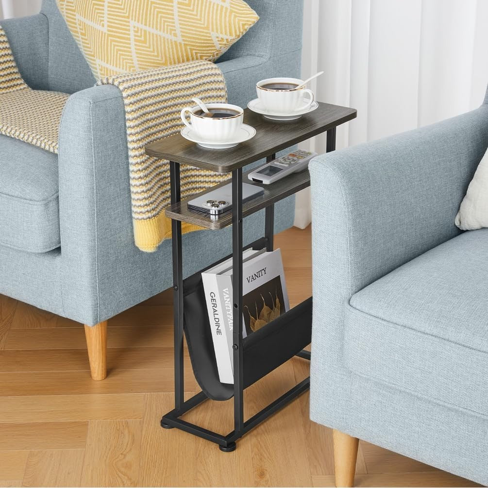 Slim Industrial Side Table with Magazine Holder & Adjustable Feet 18x42x55cm