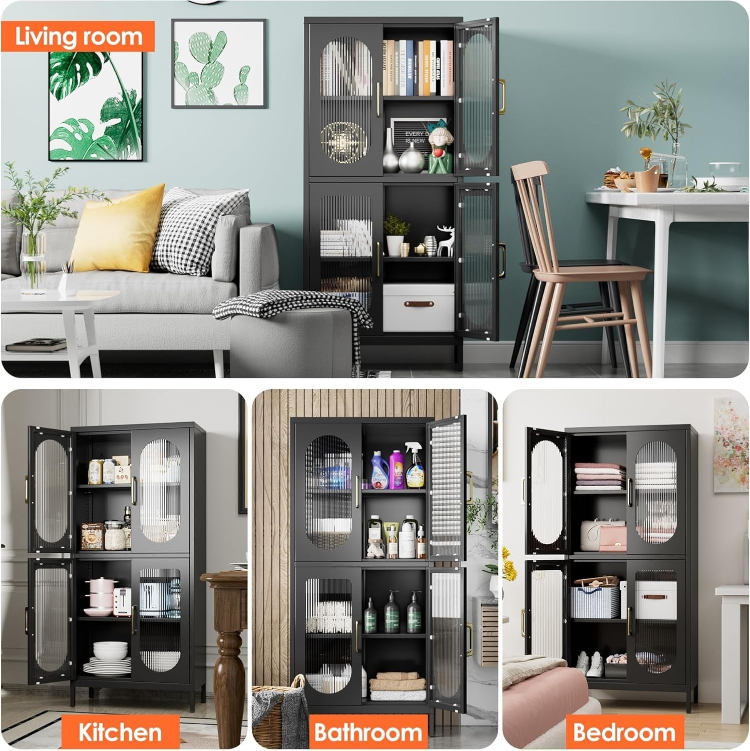 155cm Tall & Adjustable 4-Door Black Metal Office Storage Cabinet