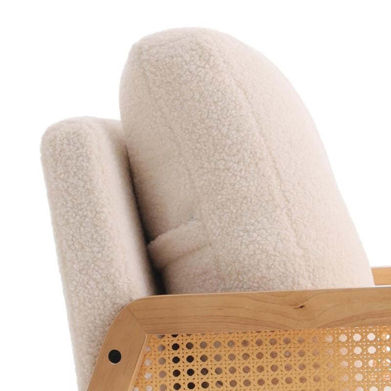 White Teddy Fleece Rattan Armchair Lounge Chair Modern Wood Accent Seat