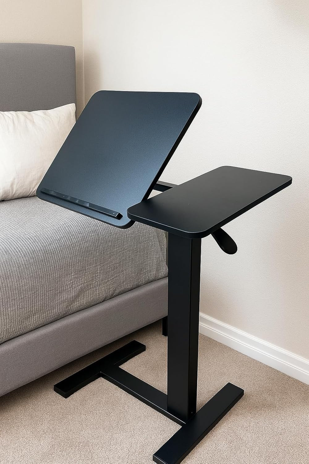 Height Adjustable Overbed Table Pneumatic Lift Split Top Laptop Desk Black