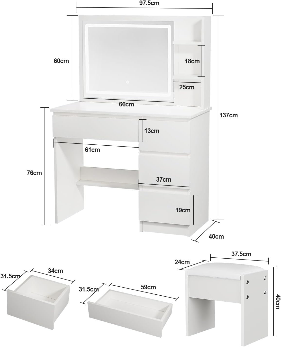 Vanity Table Set Makeup Dressing Desk Mirror Light Storage Drawers Stool White