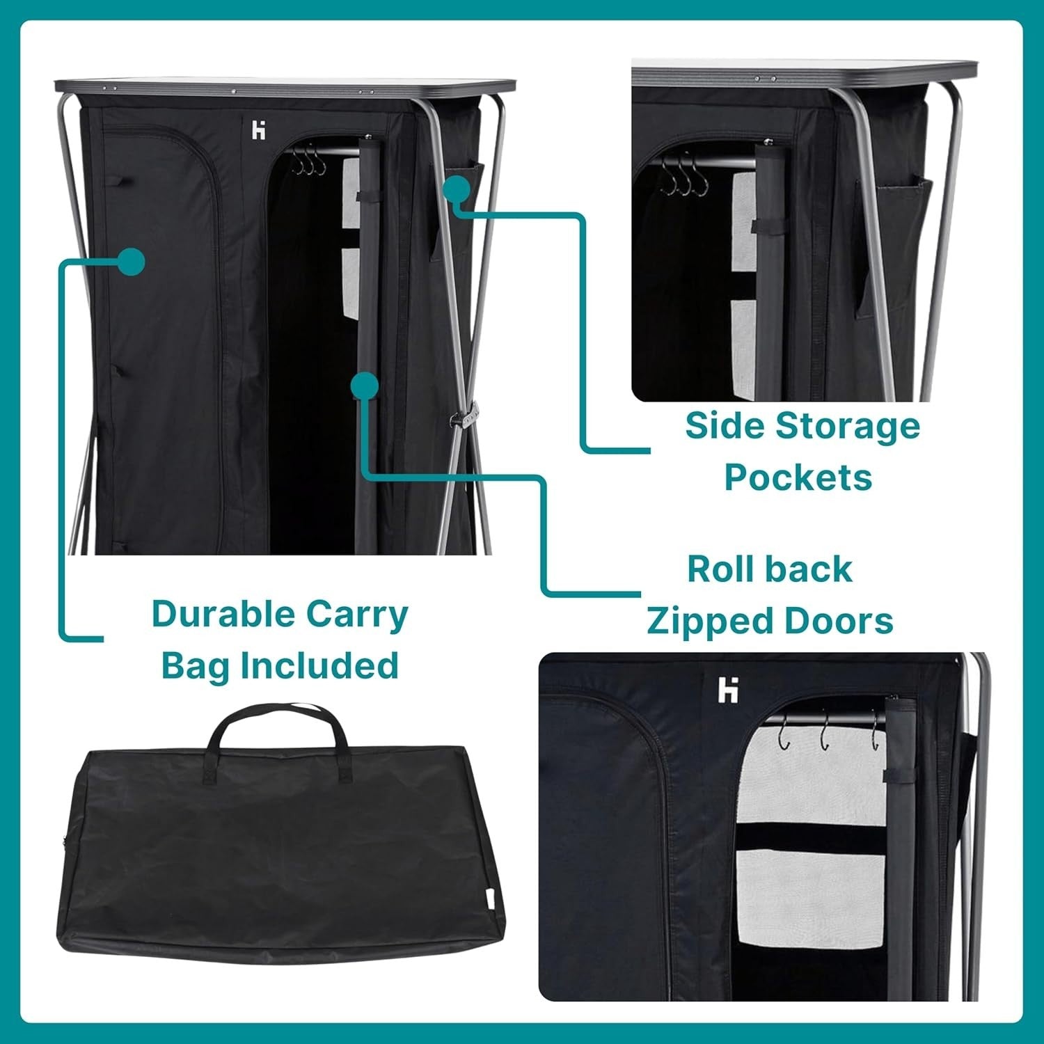 Folding Camping Wardrobe 5 Shelf Rail Storage Unit Tent Organiser Black
