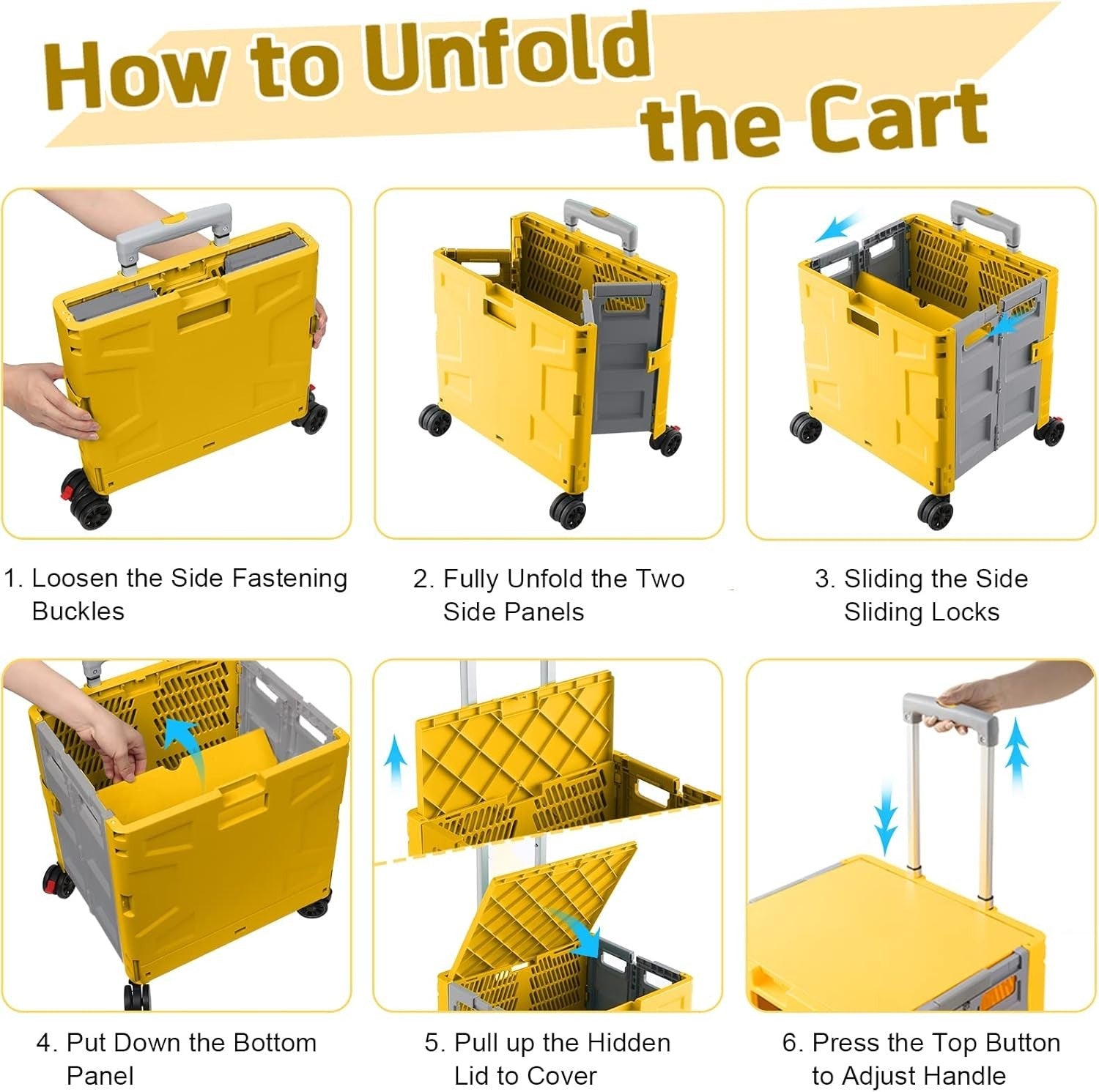 Foldable Grocery Trolley Cart 50Kg Portable Storage Box w/ Lid Yellow