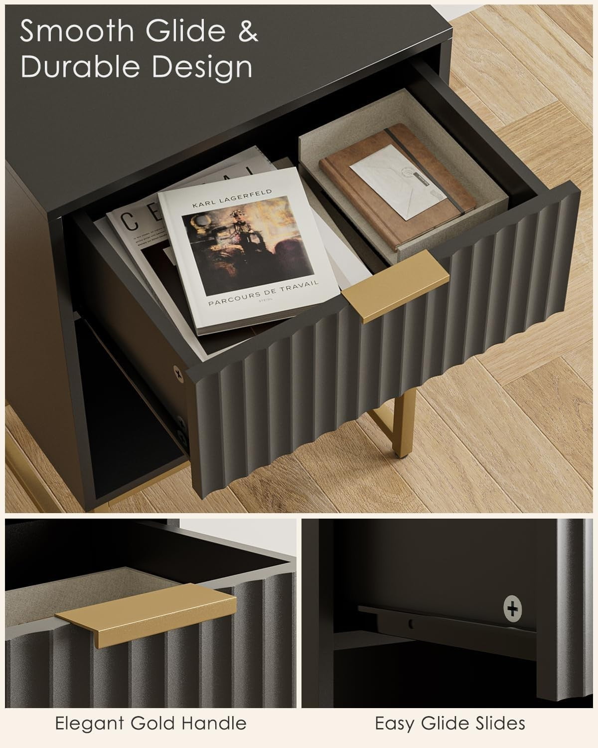 Modern Black Fluted Bedside Table with Drawer & Shelf – Gold Metal Legs
