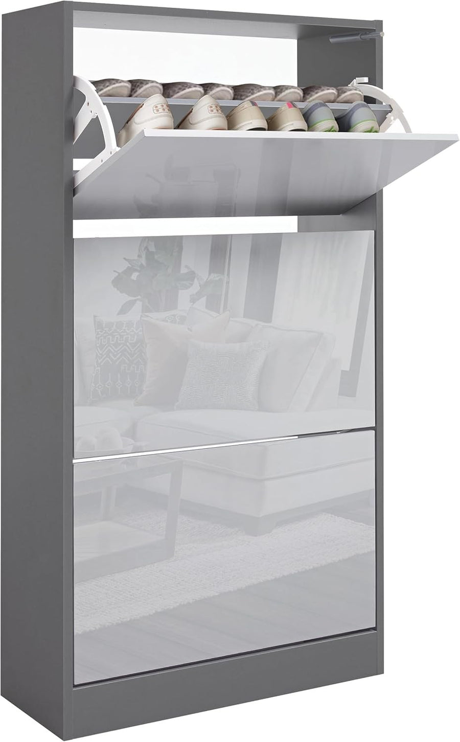 High Gloss Light & Dark Grey 3 Drawer Shoe Cabinet Modern Slim Storage