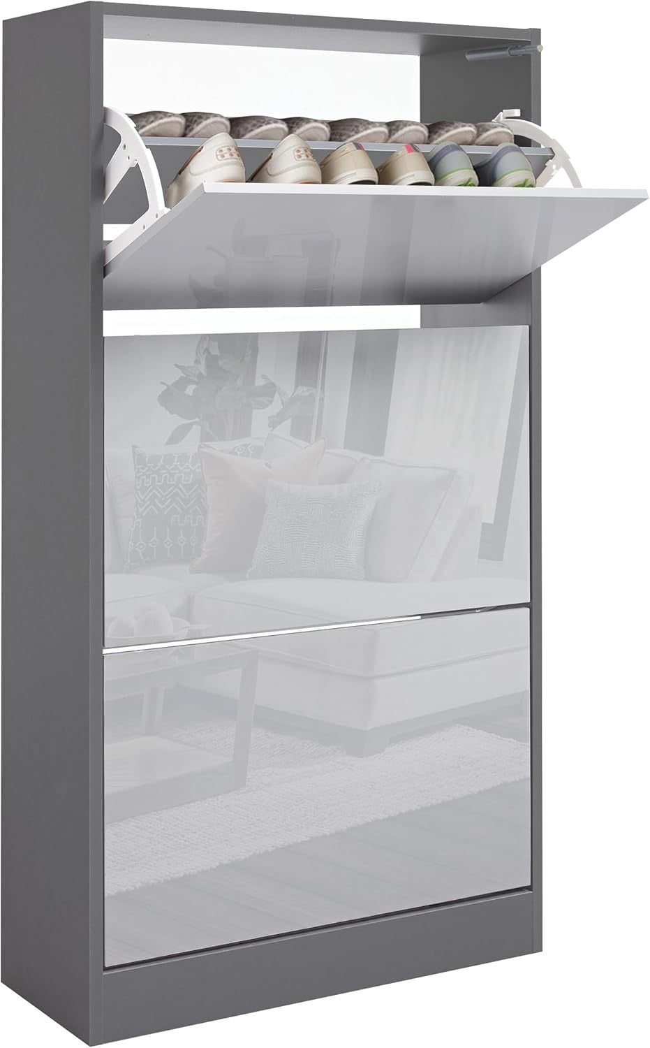 High Gloss Light & Dark Grey 3 Drawer Shoe Cabinet Modern Slim Storage