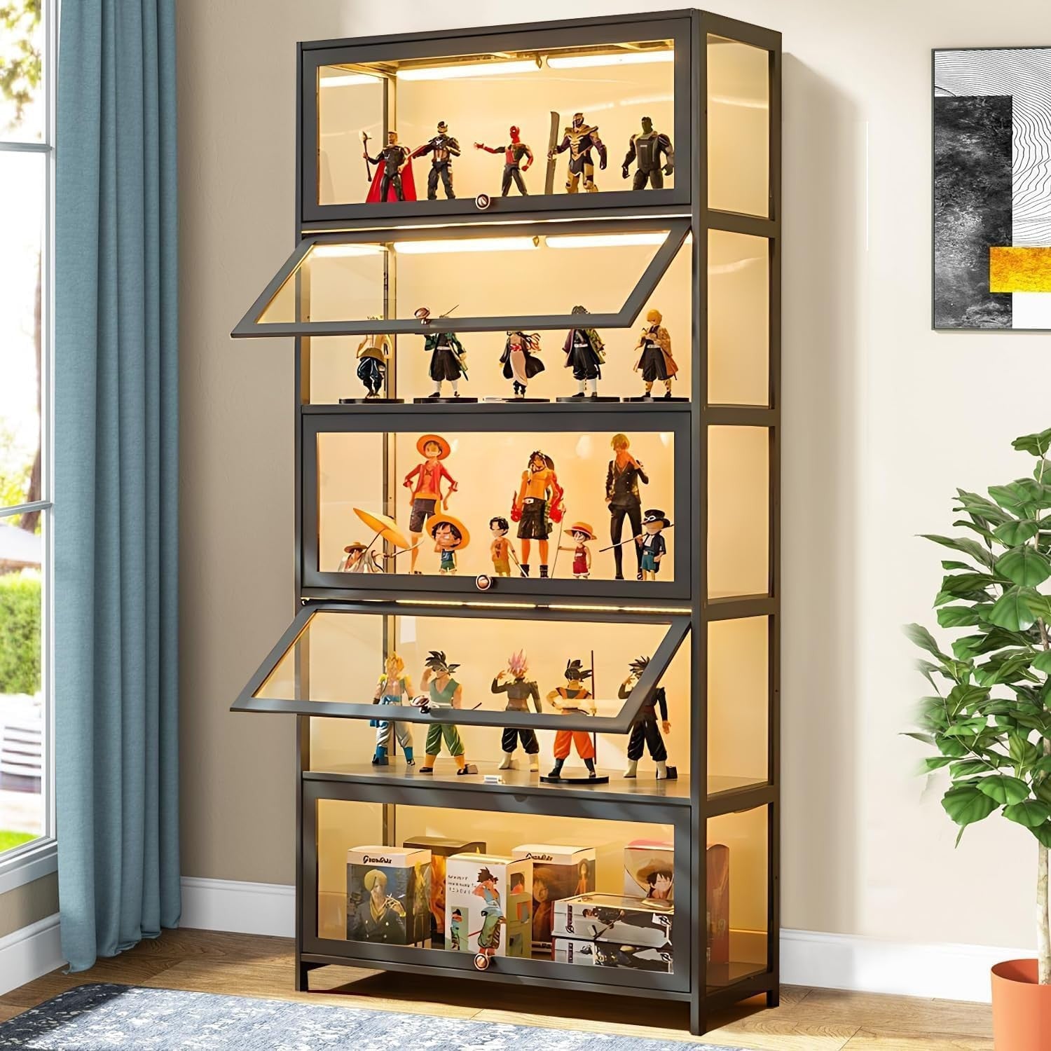 5 Tier LED Display Cabinet with Acrylic Doors | Tall Curio Shelf for Toys Collec
