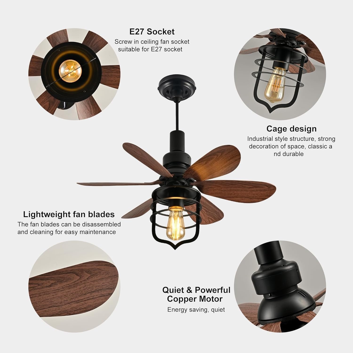 Ceiling Fan Light with Remote, 3 Speeds, Industrial Style, Black E27 Lamp