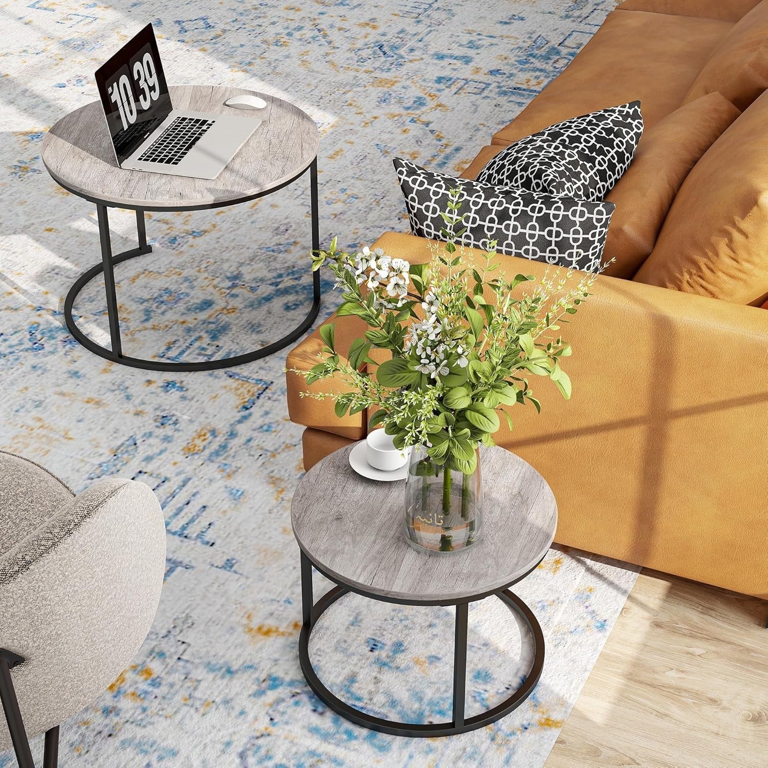 Space Saving Nesting Coffee Table Set Metal Legs Black/Grey End Side Desk