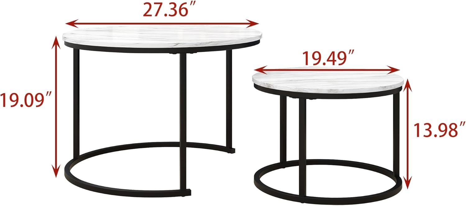 Round Nesting Coffee Table Set of 2 – Space-Saving Living Room Side Tables White