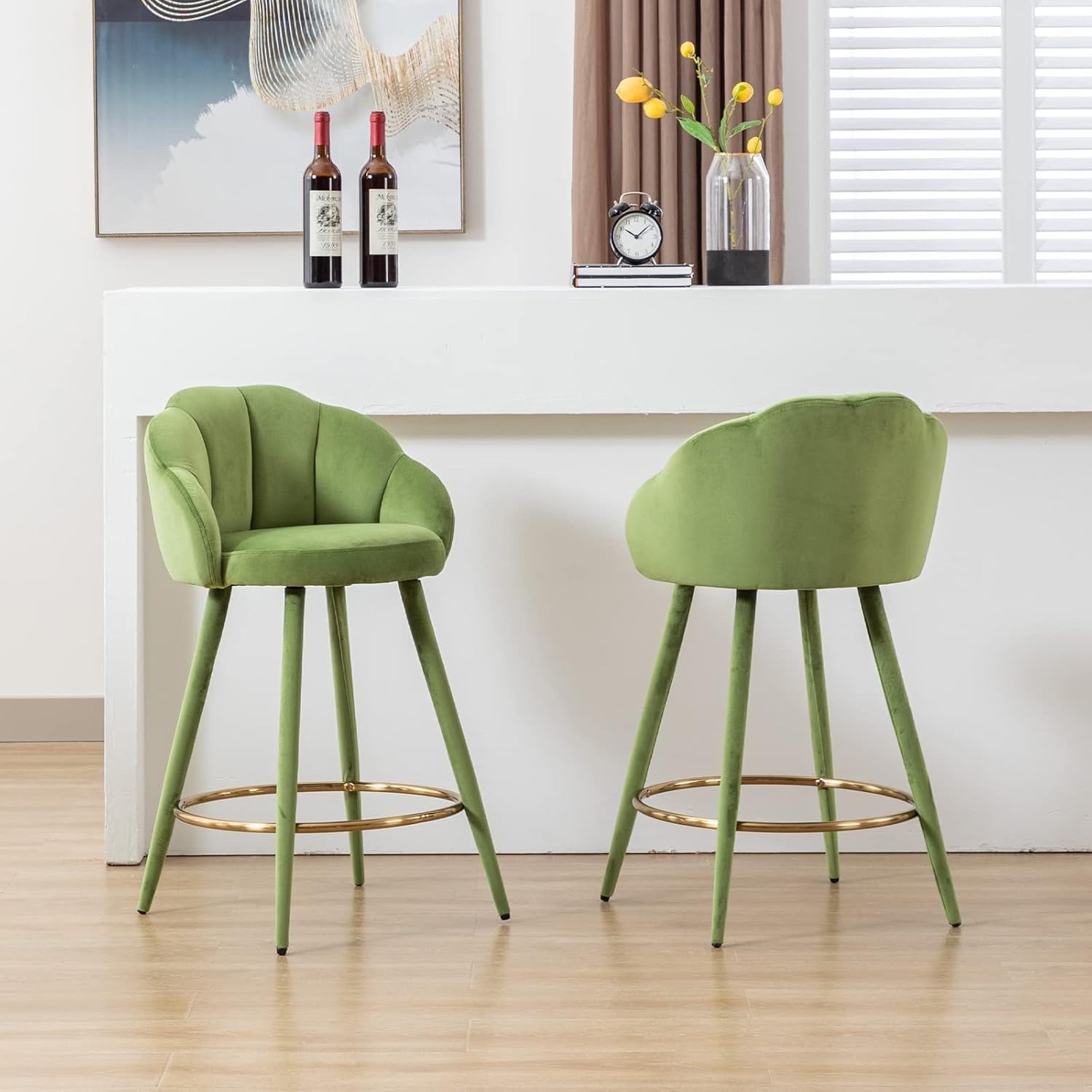 Green Velvet Bar Stools Set of 4 Modern Kitchen Counter Breakfast Chairs