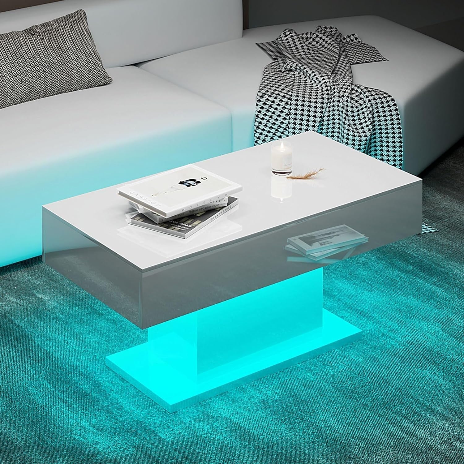 Modern White LED Coffee Table, High Gloss Rectangular 110x55cm