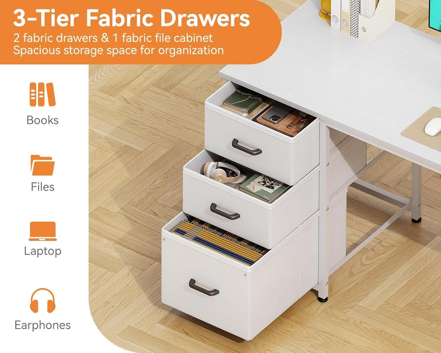 White 130cm Office Desk w/3 Drawers, Shelves & Power Outlets | Reversible Study